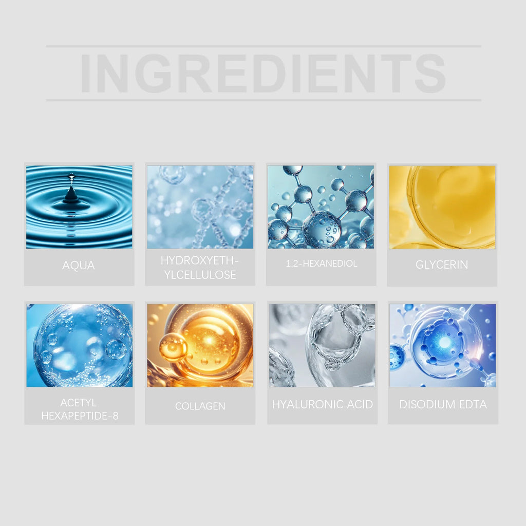 Infographic showing eight circular icons representing skincare ingredients like aqua, collagen, and hyaluronic acid.