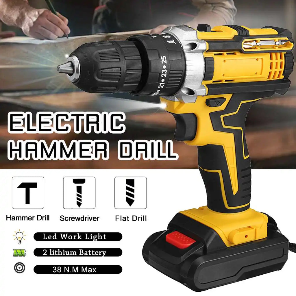 Wiredless Impact Drill Screwdriver Rechargeable Battery Cordless Hammer Drill 25+3Torque Setting Electric Screwdriver Power Tool