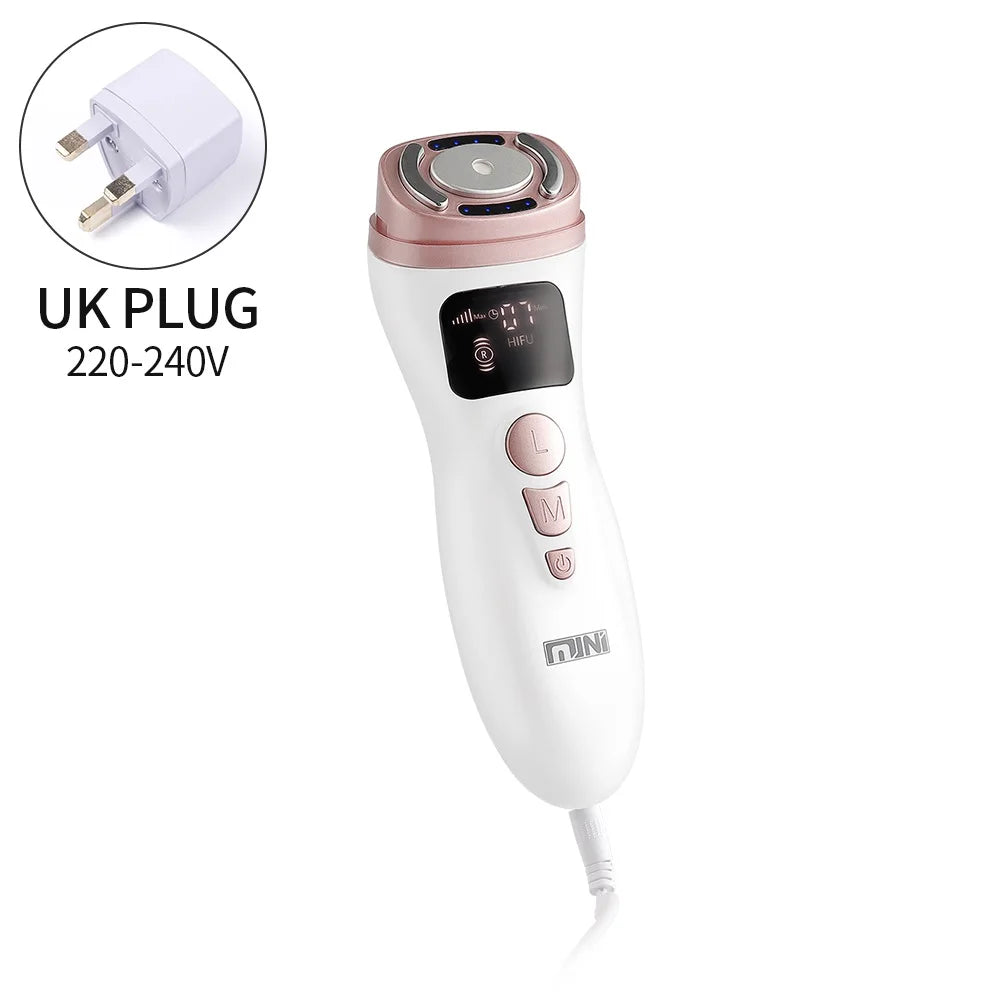 White and rose gold handheld HIFU facial tightening device with a digital display, three control buttons, and UK plug.