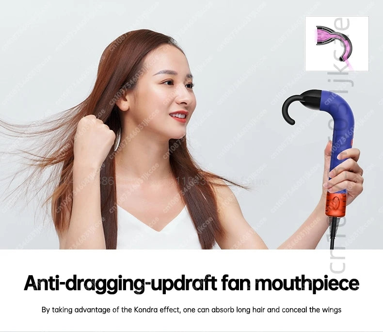 Blue and orange leafless negative ion hair dryer with unique hair-smoothing curling attachment for professional styling.