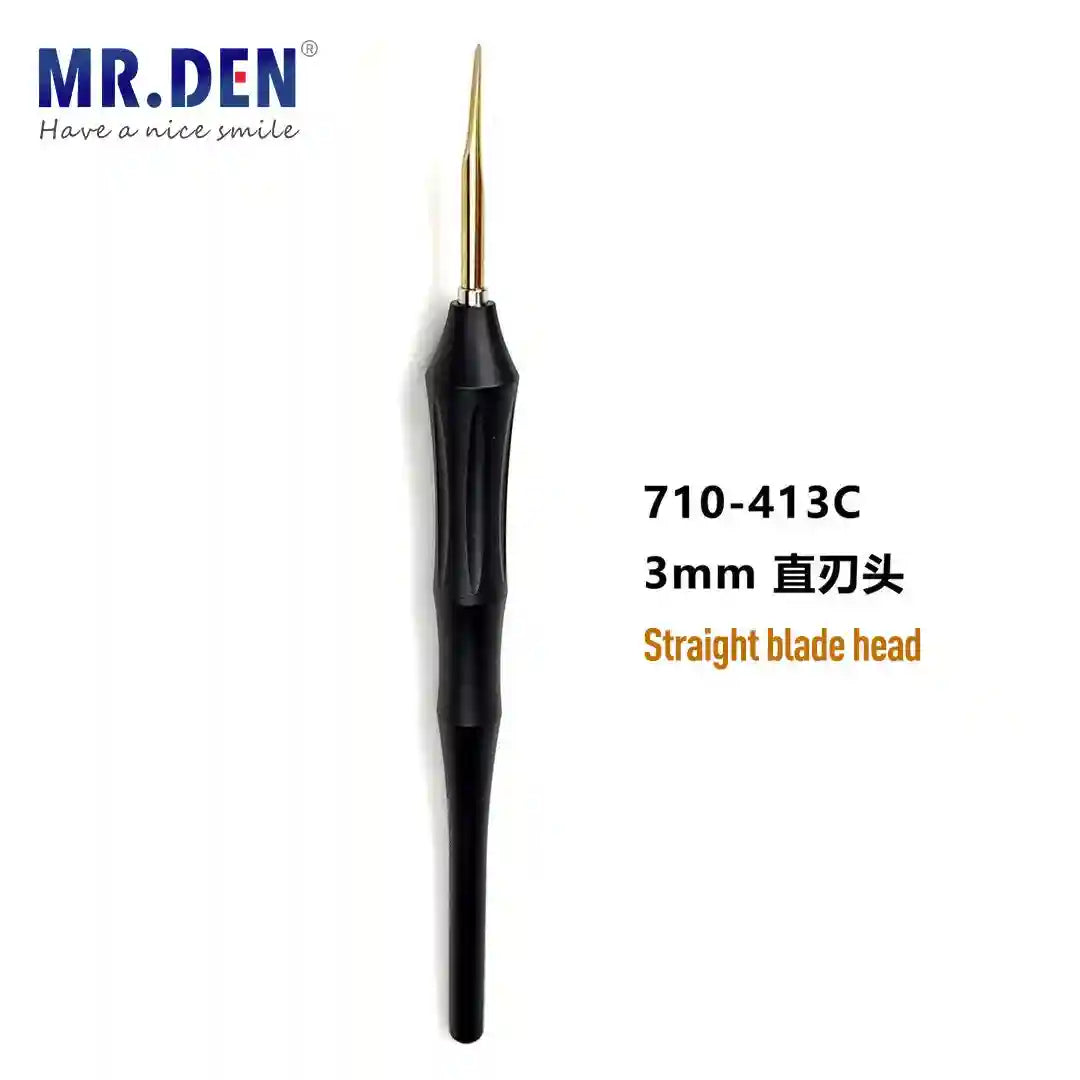 Dental composite instrument with a 3mm straight gold-colored blade and a contoured black handle.