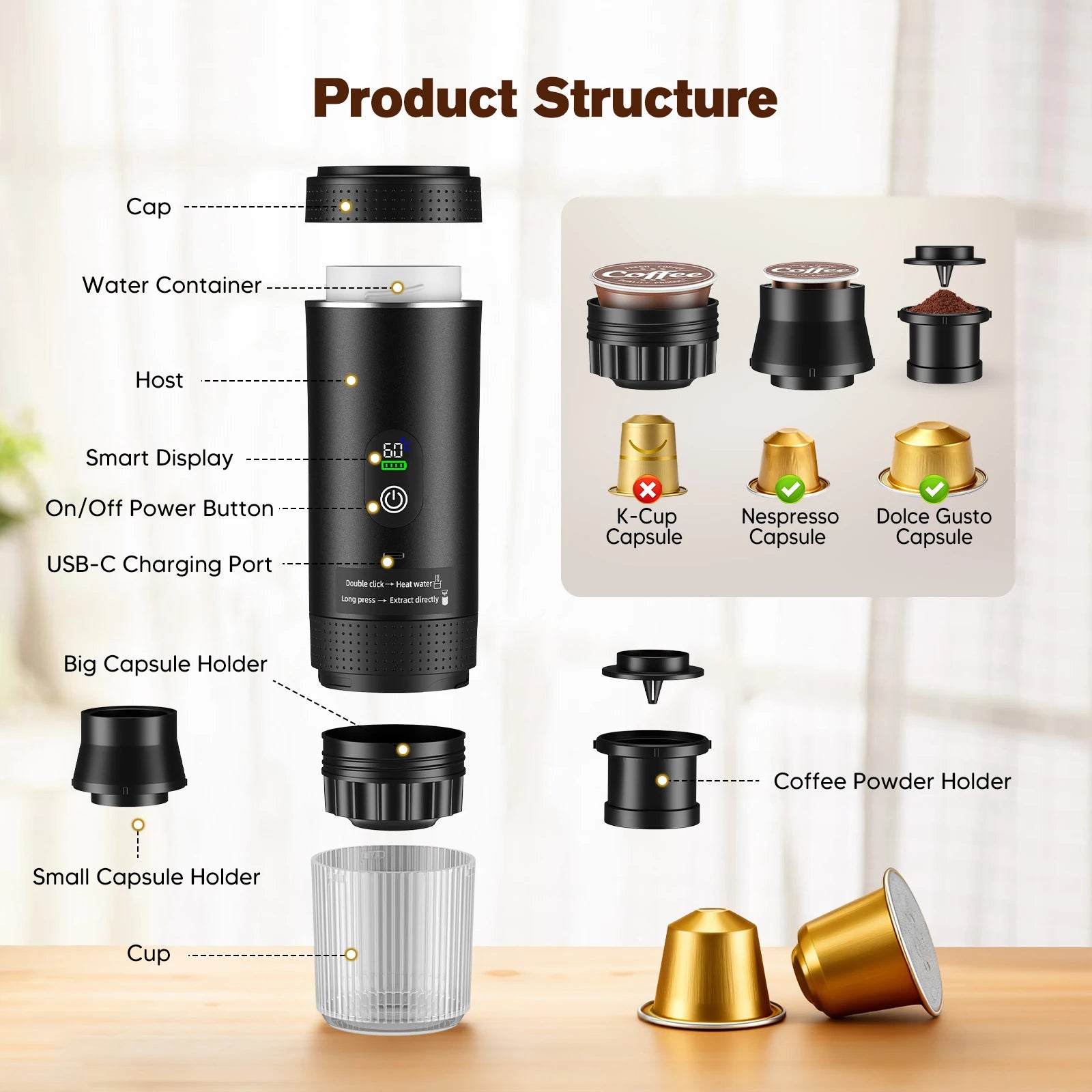 Black portable espresso maker with smart digital display, USB-C charging, and compatible capsule and powder holders.