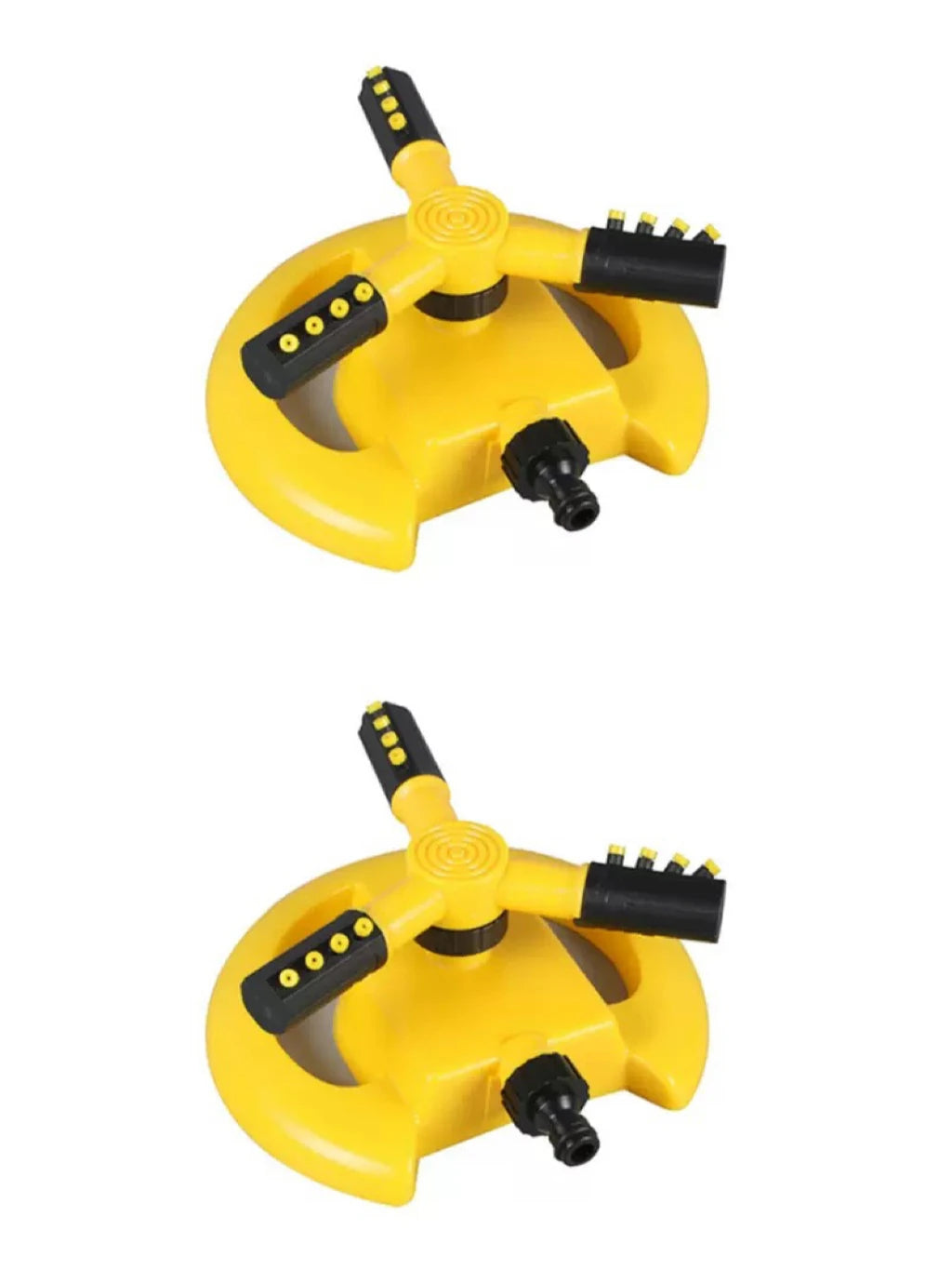 Yellow rotating sprinkler nozzle shown in two views with adjustable spray outlets