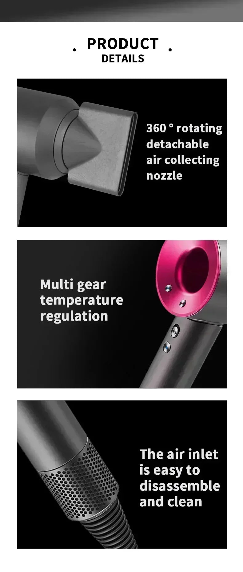 Grey/pink ionic hair dryer with 360° nozzle, temperature controls, and easy-clean filter for professional blowouts.