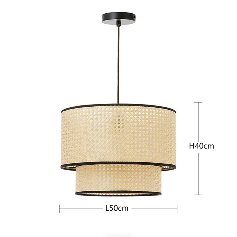 Two-tier drum pendant light in woven natural rattan with black trim, 50cm wide and 40cm high for interior lighting.