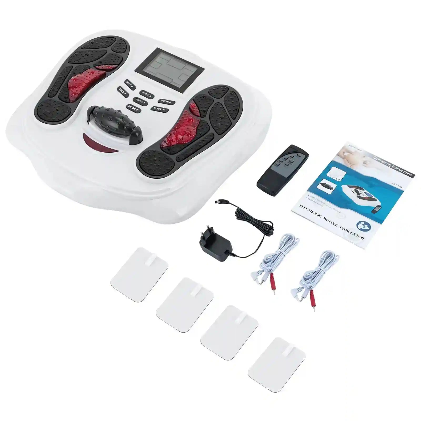 White electronic foot massager and muscle stimulator with foot pads, remote, power adapter, electrode pads, and manual.