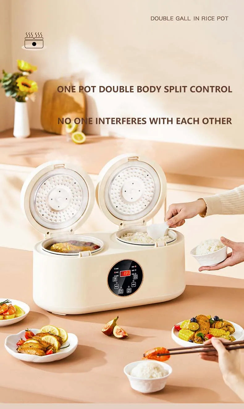 White double rice cooker with two open pots and hands placing food bowls