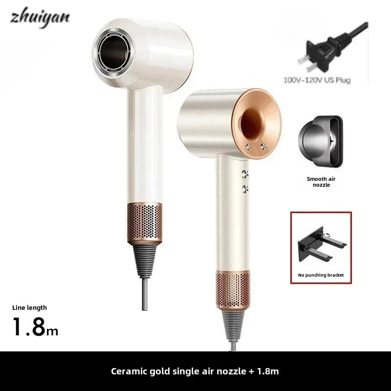 White and gold professional negative ion leafless hair dryer with smoothing nozzle, wall bracket, and 1.8m US plug.