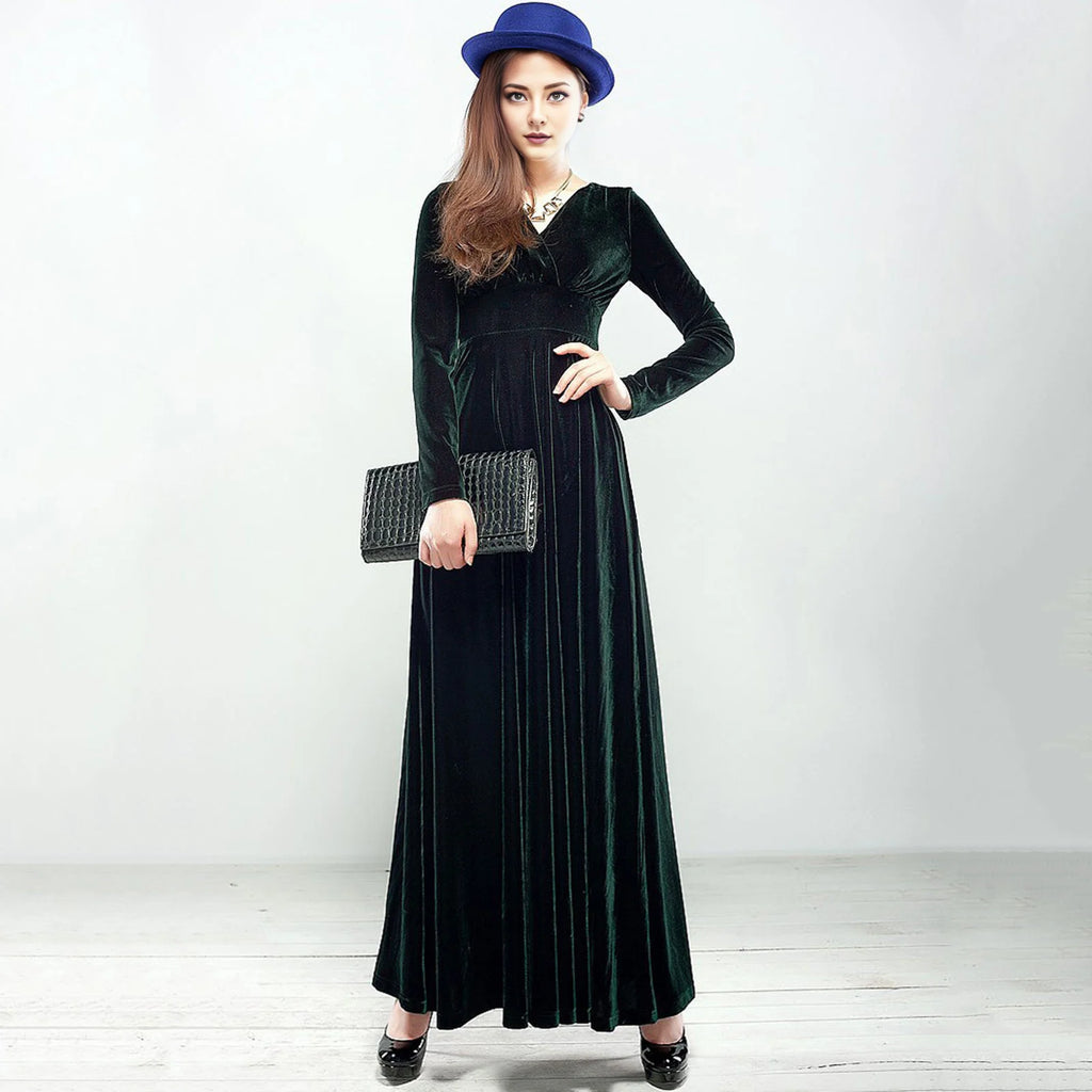 Vintage Women Autumn Long Sleeve V Neck Pleated Velvet Banquet Party Maxi Dress Party Wedding Elegant Evening dress 
