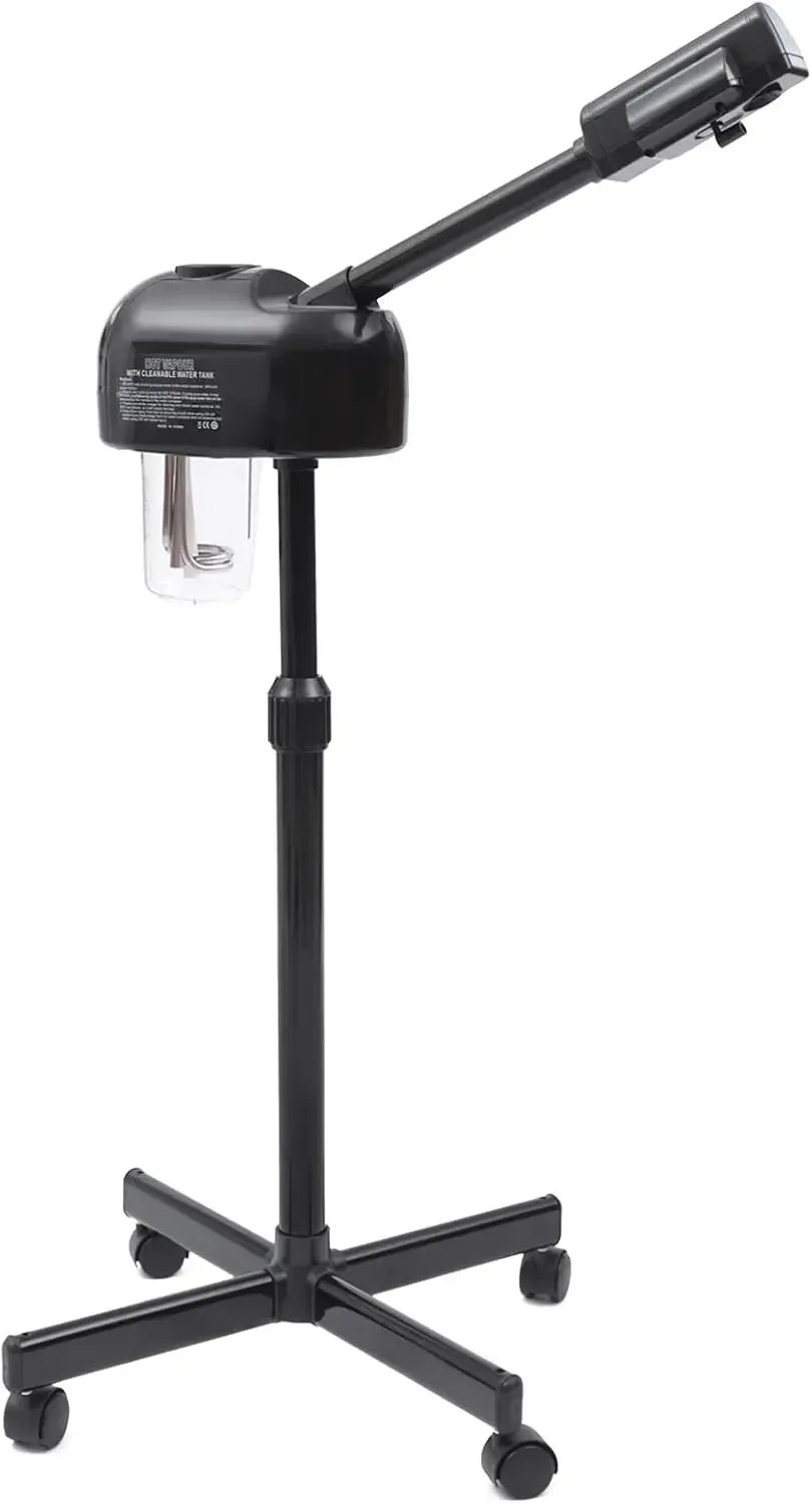 Portable black facial steamer on wheels with height-adjustable stand and clear water tank for salon or home use.