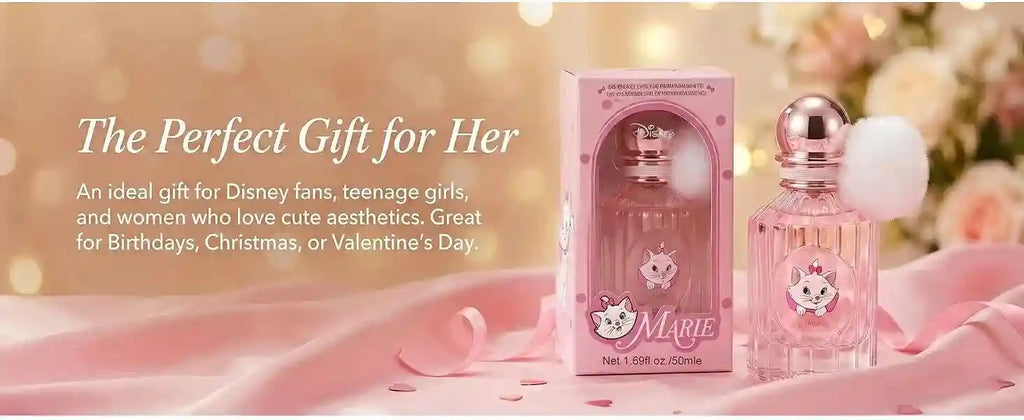 MINISO x Disney Marie floral fruity perfume for women, 50ml, pink glass bottle with pom-pom, cute gift for girls.