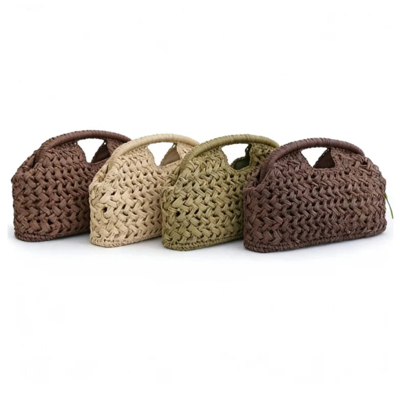 Women's Brand Fashion Clip Handbag, Bohemian Style Large Capacity Travel Woven Bag Popular Elegant Raffia Handmade Crossbody Bag