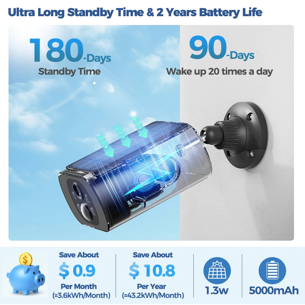Solar Camera WIFI Outdoor Wireless Security Cam 2.5K Ultra Standby Time PIR Smart Light Color Night Vision AI Detect Battery Cam