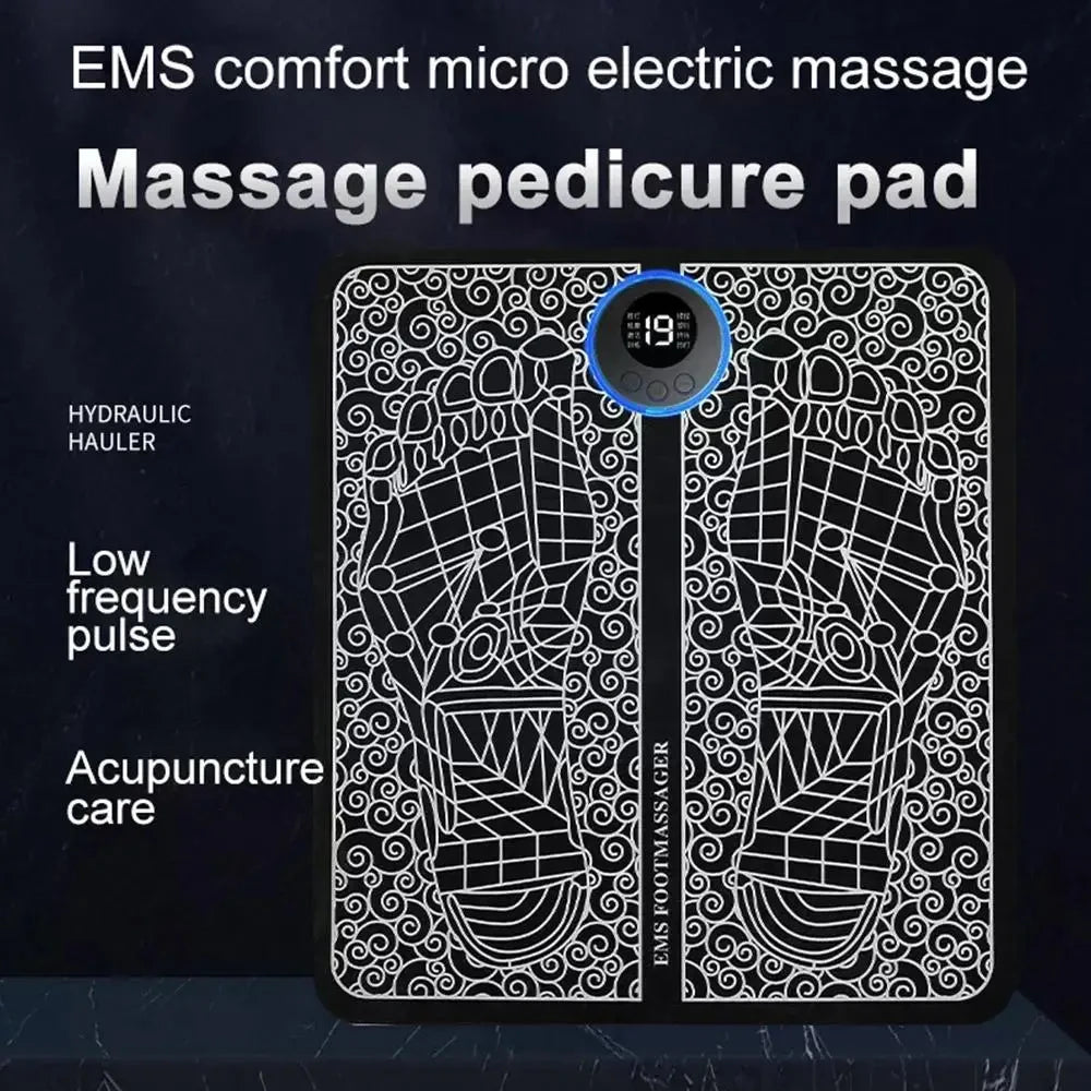 Black rechargeable EMS foot massage mat with digital display for pain relief and acupoint therapy.