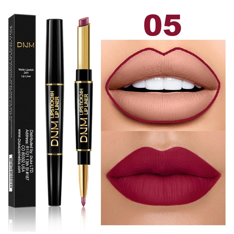 DNM 2-in-1 waterproof matte lipstick and lip liner pencil in shade 05, showing dual-ended packaging and lip swatches.