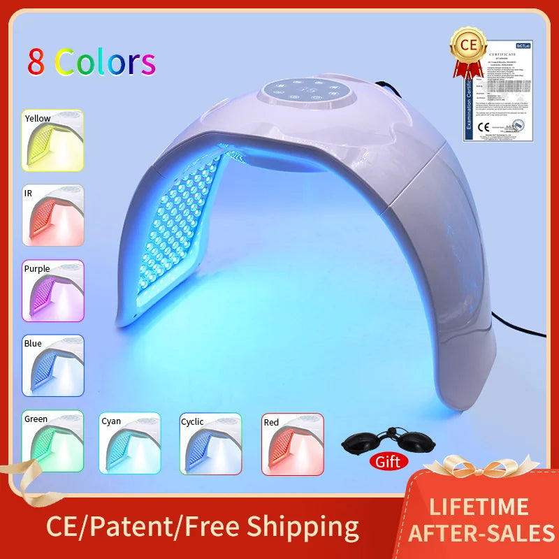 8-color LED light therapy machine for home facial skin rejuvenation with blue light panel and CE certification.