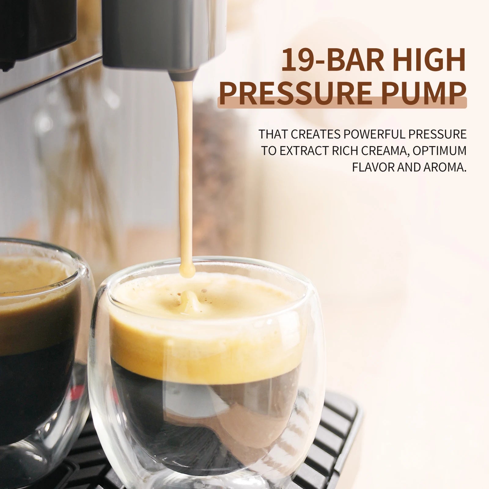 19-bar espresso machine pouring rich coffee into double-walled glass cups for optimal flavor extraction.