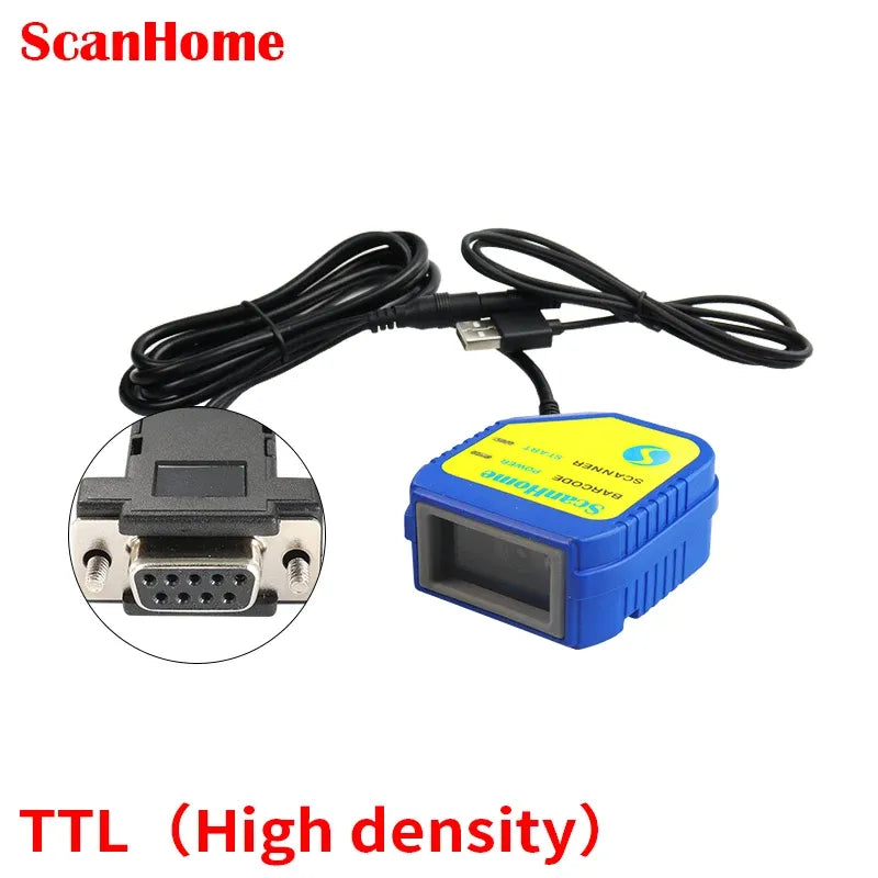 Blue fixed-mount barcode scanner module with attached cable and connector port