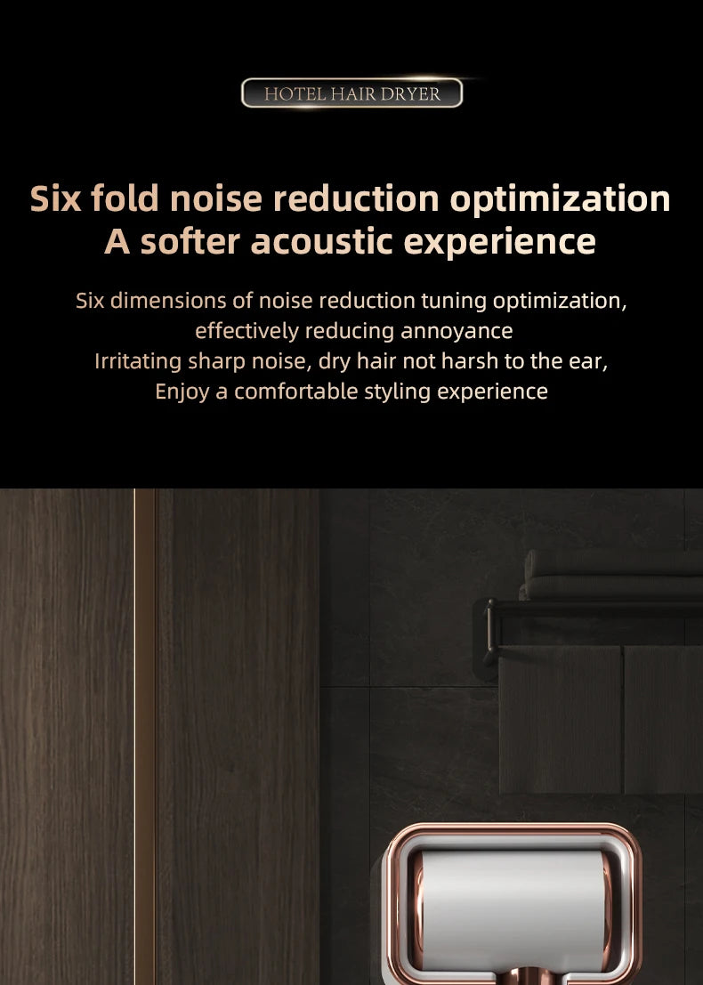 Quiet wall-mounted hair dryer with rose gold accents and noise reduction tech for home and hotel bathroom use.