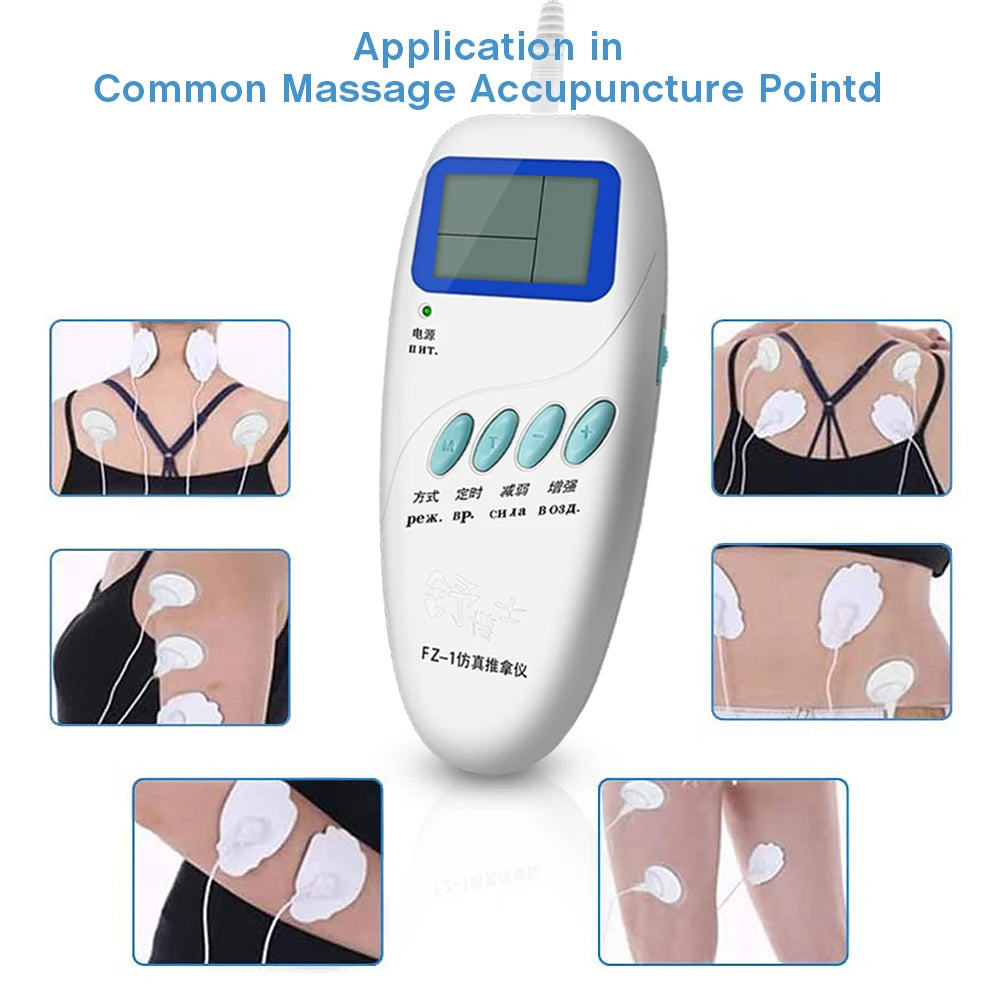 White TENS EMS electric muscle stimulator for pain relief with LCD screen, control buttons, and body massage pads.