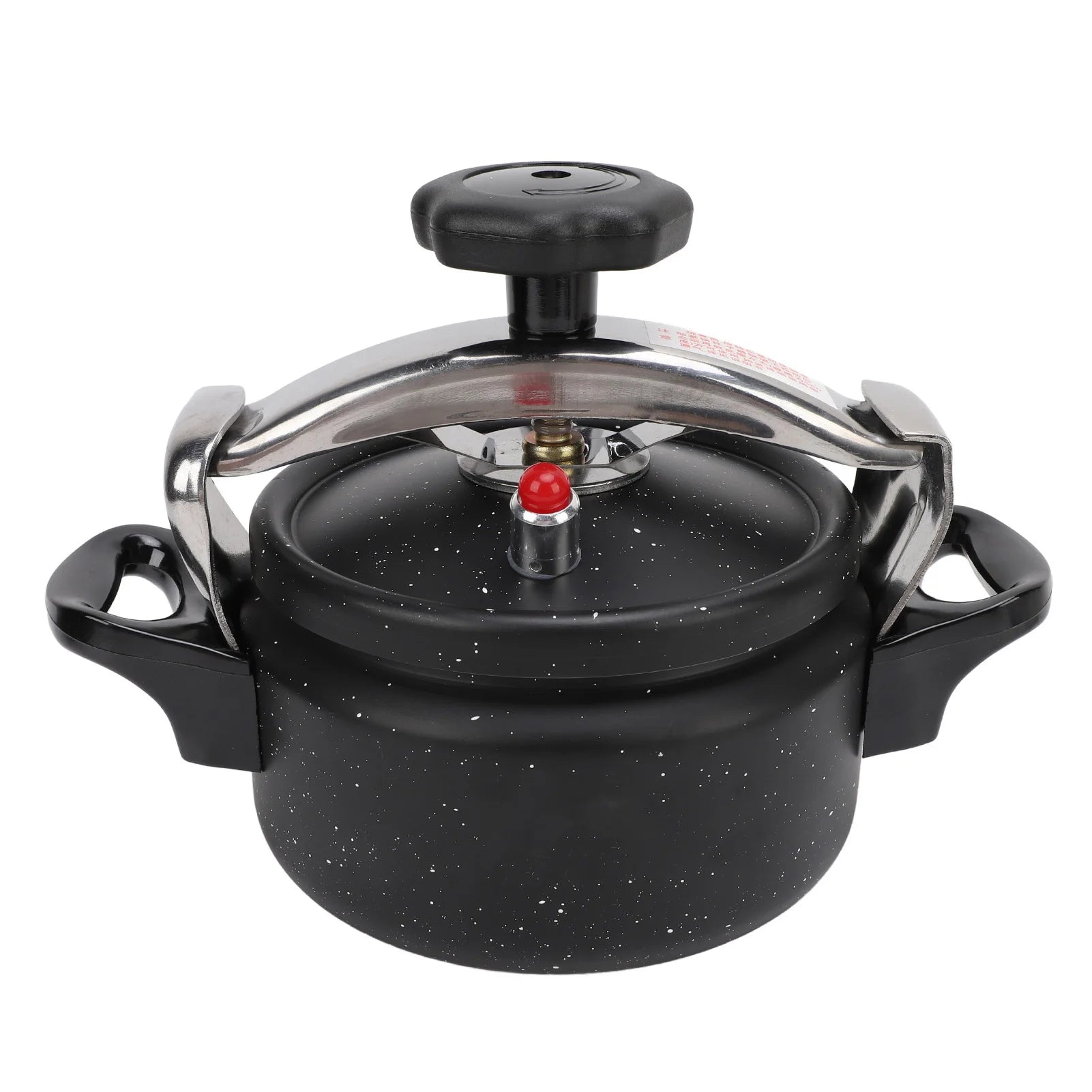 Black speckled pressure canner with domed lid, steam valve, and side handles