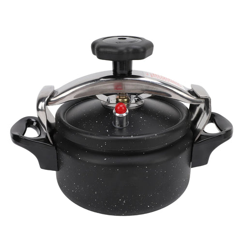 Black speckled pressure canner with domed lid, steam valve, and side handles