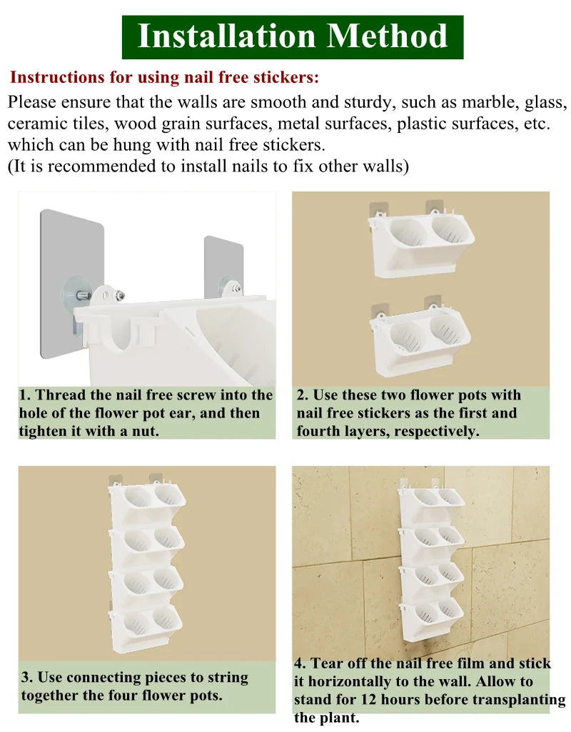 White modular wall planter installation steps using nail-free stickers