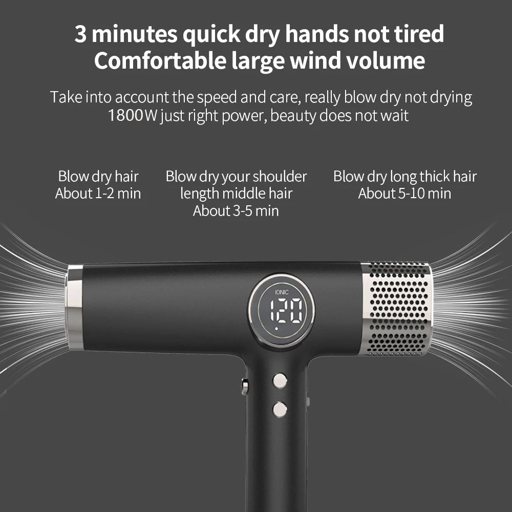 Black 1800W professional high-speed hair dryer with digital ionic display for fast, salon-quality blow drying.