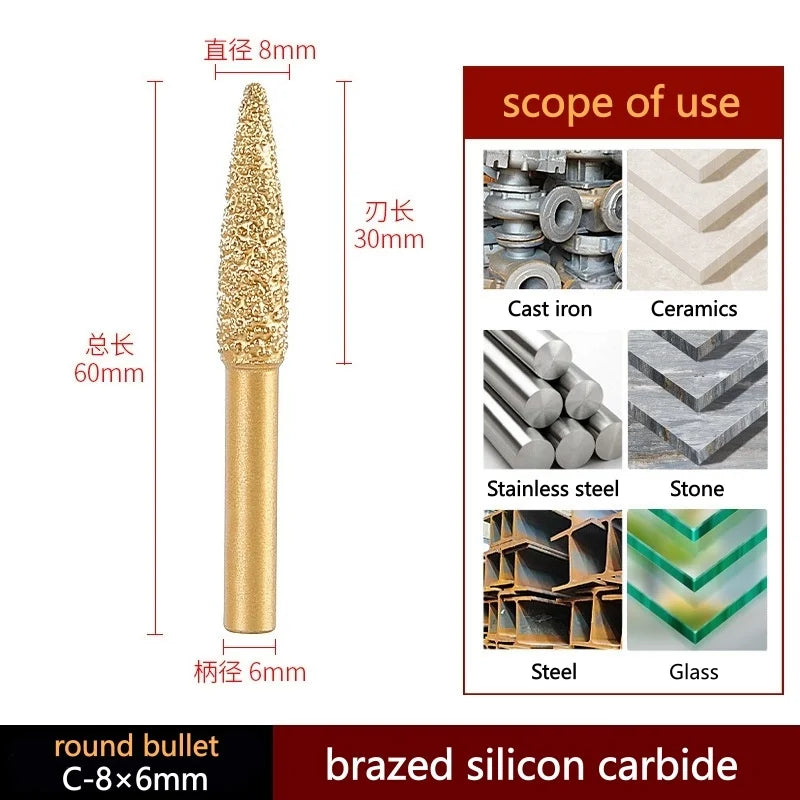 Gold brazed diamond grinding head with round bullet tip, 8mm diameter, 6mm shank