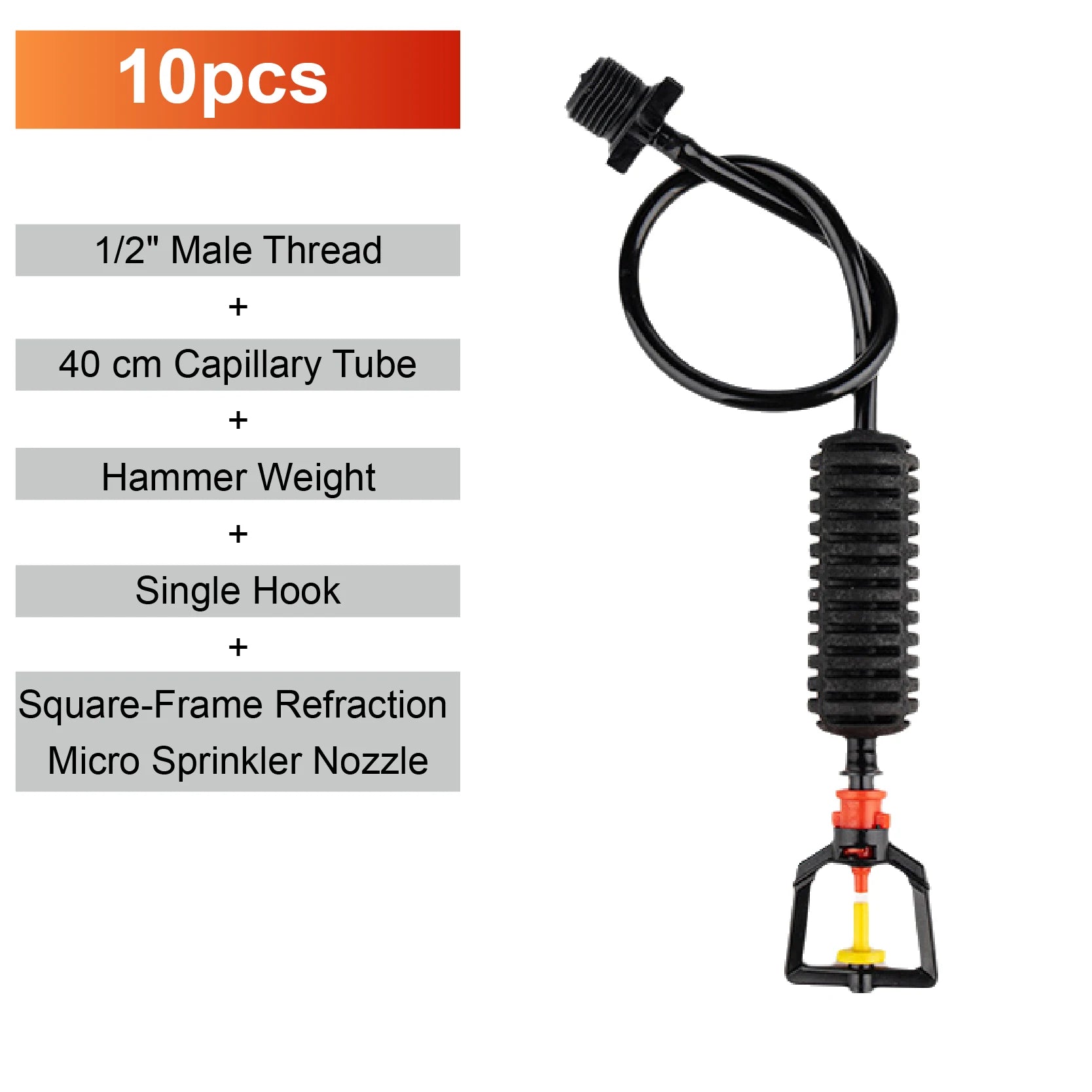 Hanging misting micro sprinkler nozzle with black tube and square-frame refraction outlet