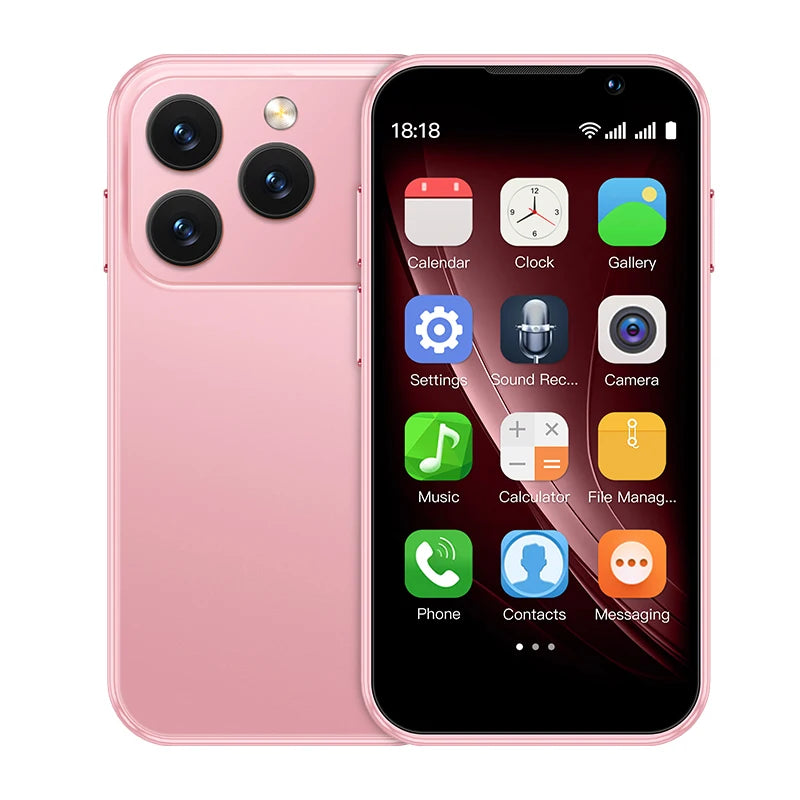 Pink smartphone front and back, showing triple cameras and app home screen