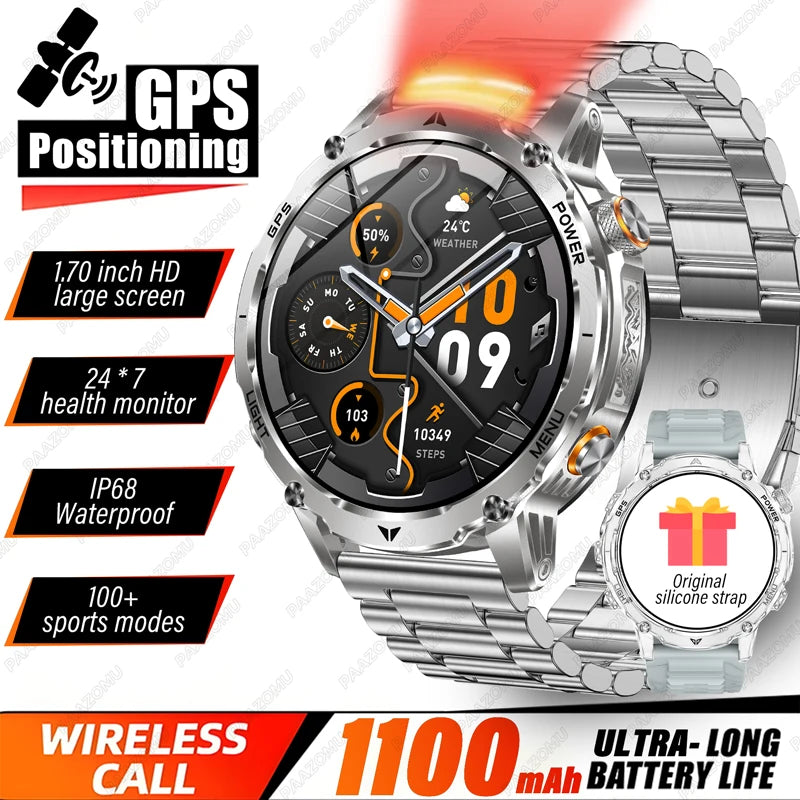 Silver GPS smartwatch with orange markers on round screen and metal link strap