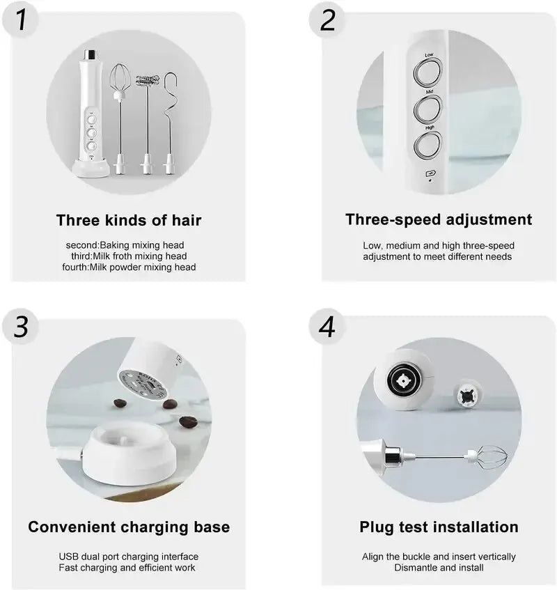 White 3-speed electric milk frother with USB charging base, three interchangeable whisks, and plug-in design.