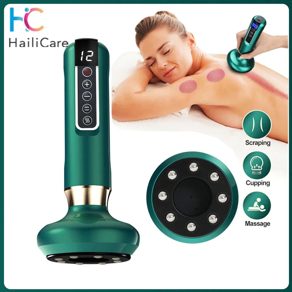 Green electric vacuum cupping massager with 12 gear levels, heat therapy, and gua sha scraping for body massage.