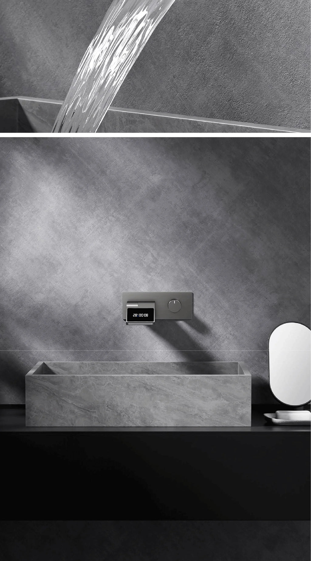 Luxury Gun Gray Brass Wall Mounted Bathroom Faucet with LED Digital Display Single Handle Hot & Cold Water Embedded Bathroom Tap