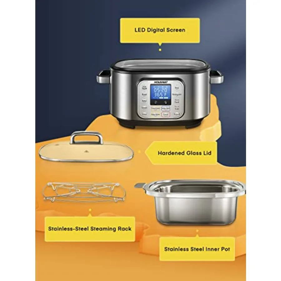 Silver 6QT programmable multi-cooker with glass lid, inner pot, and steaming rack