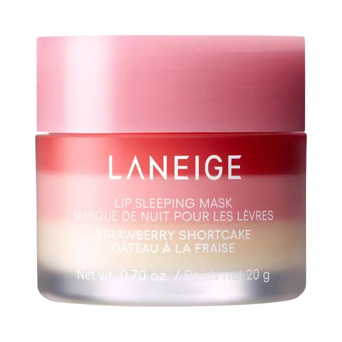Laneige Lip Sleeping Mask in Strawberry Shortcake, a nourishing lip treatment in a three-tone pink and cream jar.