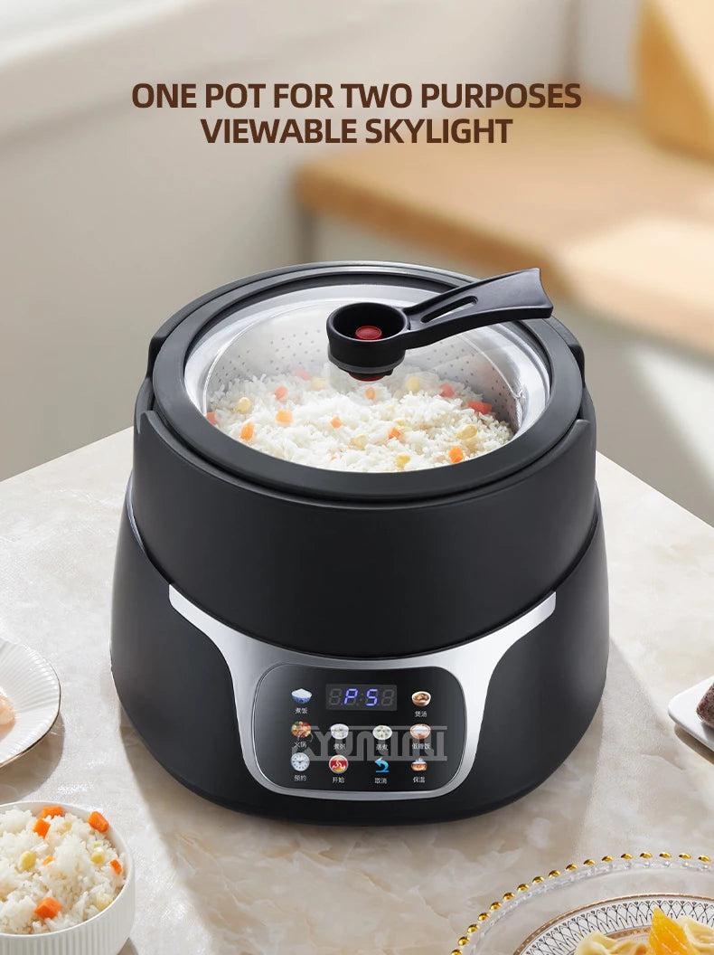 5L black electric rice cooker with glass lid and steam vent, front control display