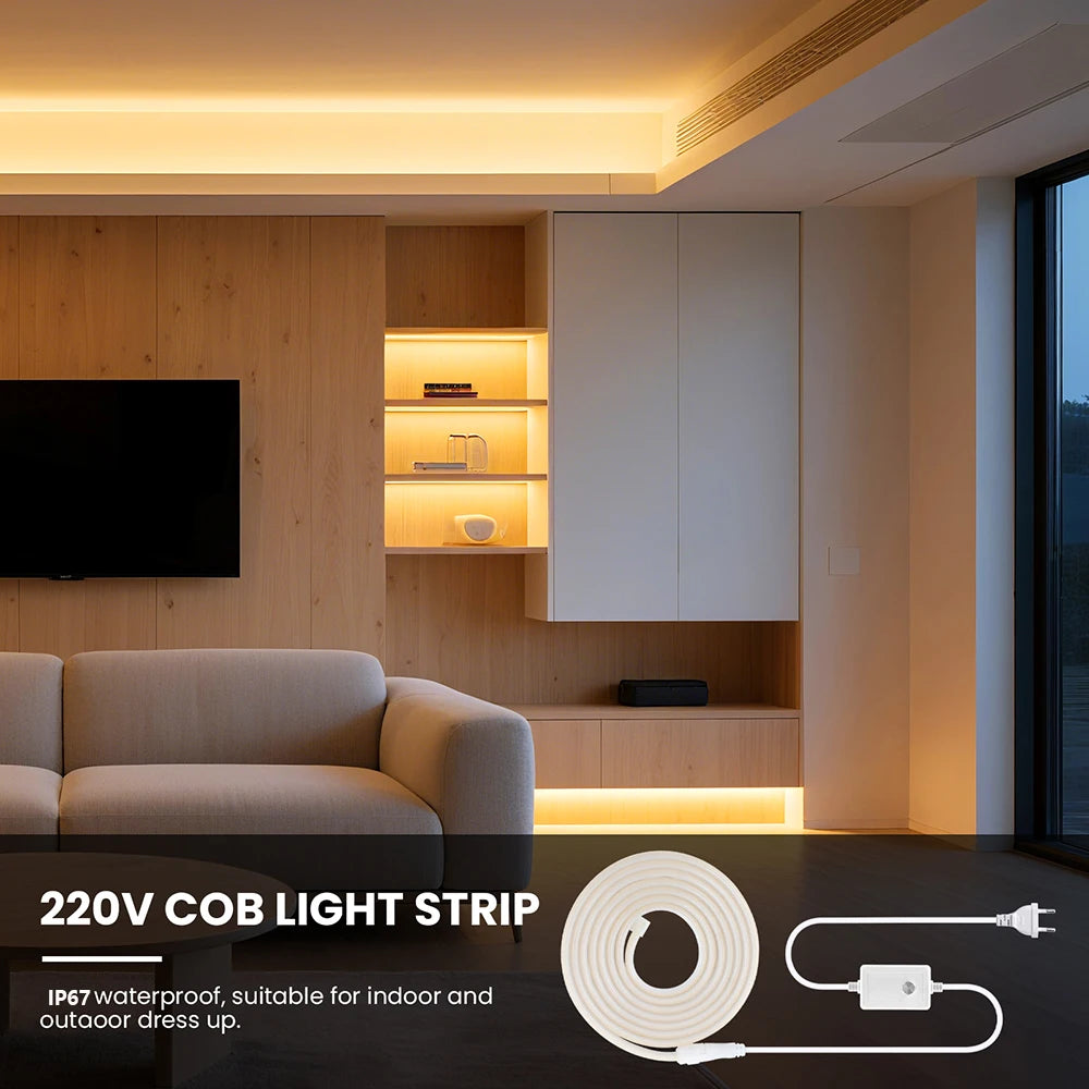 220V Dimmable COB LED Strip Light 288 LEDs/M Dimmer Switch ON/OFF Waterproof EU Plug Flexible Neon Lamp Decor 3000K 4000K 6000K