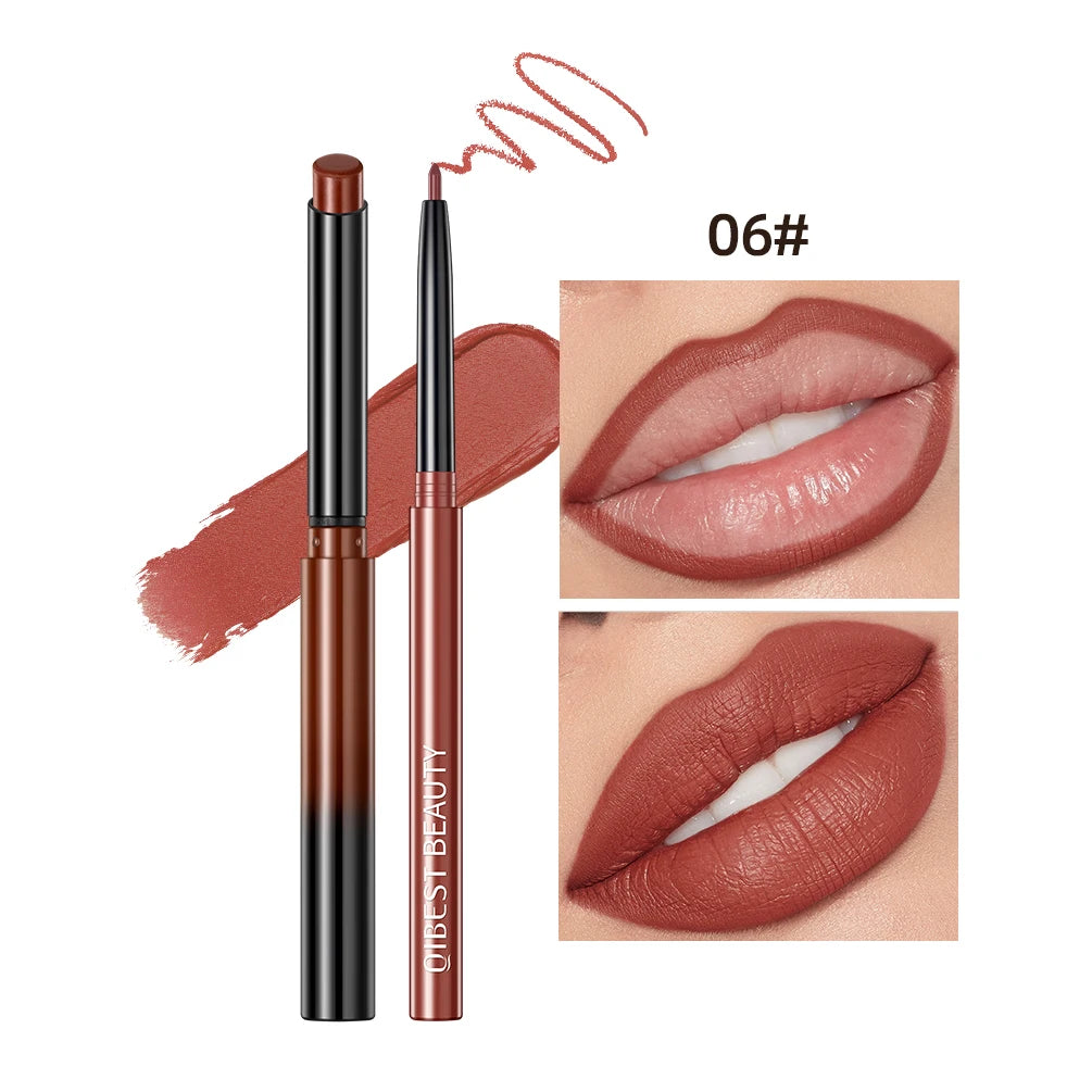 QIBEST matte velvet lipstick and lipliner pencil set in brown shade with lip contour application and color swatch.