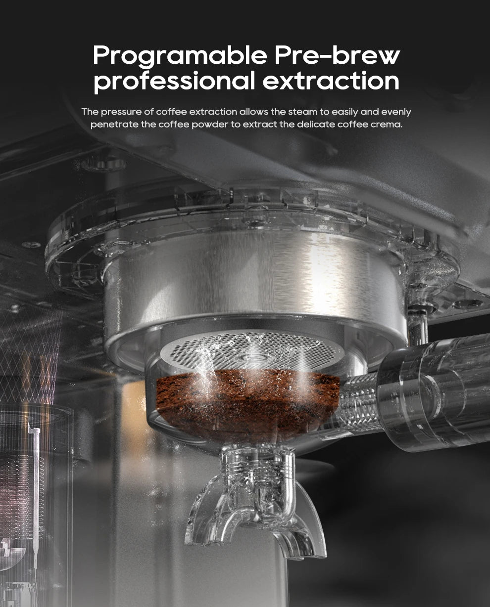 Close-up of stainless steel espresso machine portafilter extracting coffee grounds with programmable pre-brew technology.