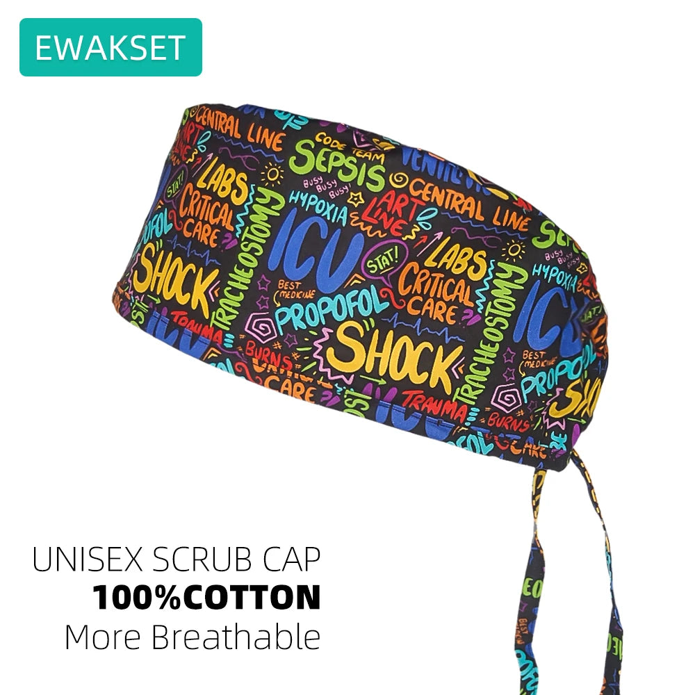 Unisex cotton scrub cap with medical print, sweatband, and adjustable ties for comfortable vet, nursing, or dental work.