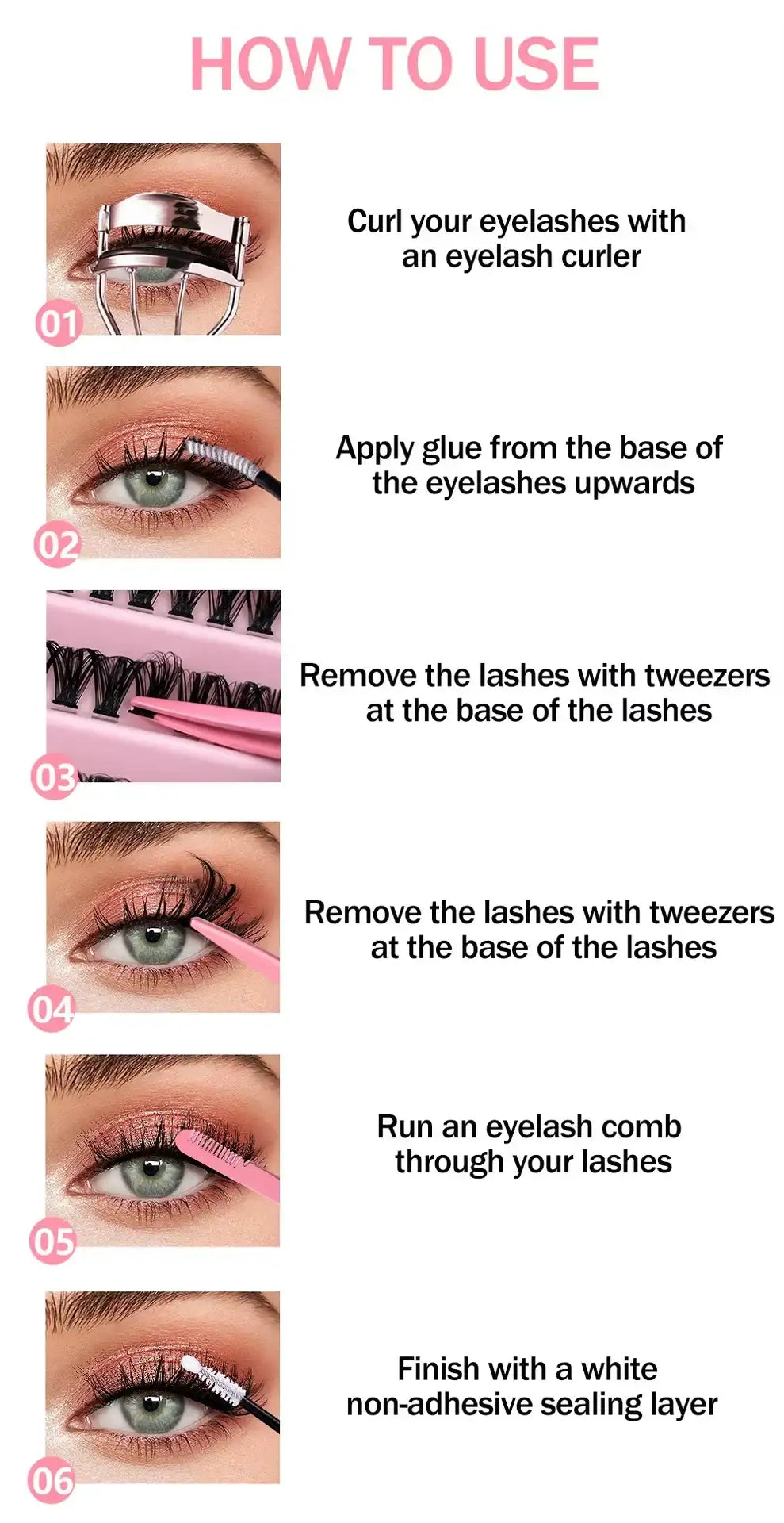 Six-step instructional infographic showing how to apply DIY cluster eyelashes with tweezers, glue, and a sealer.