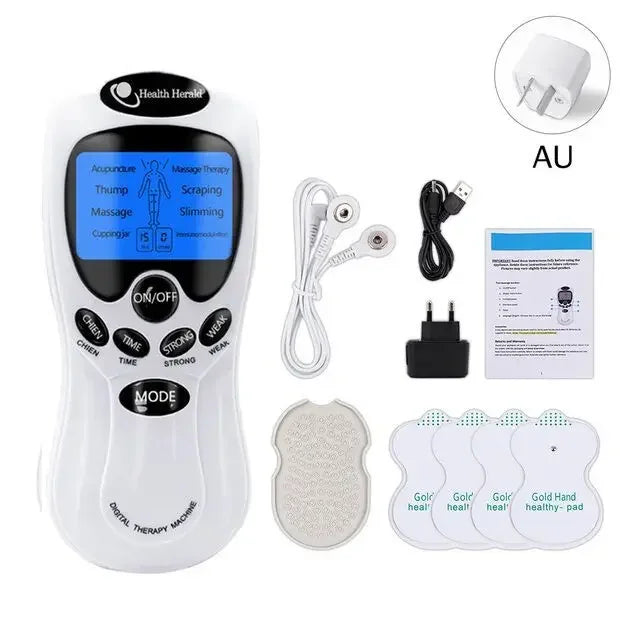 Digital therapy machine with white handheld device, blue backlit LCD, electrode pads, cables, and power adapters.