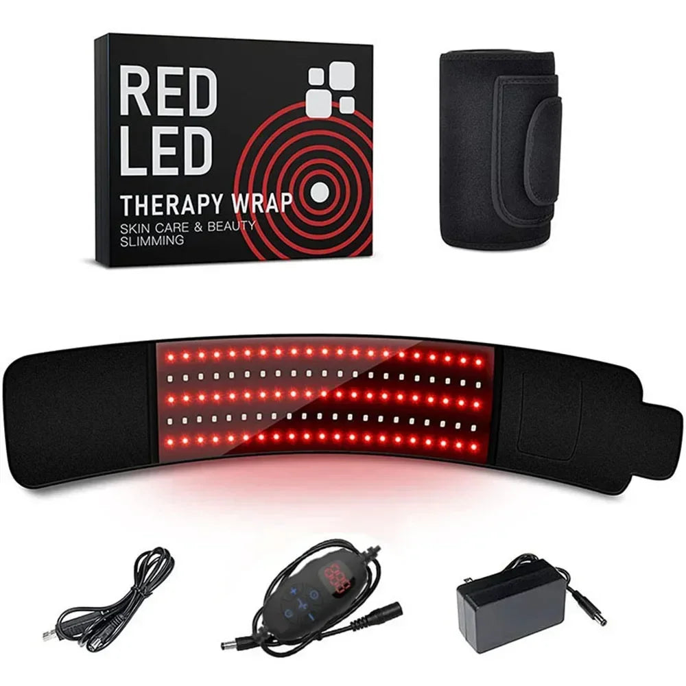 Red and infrared LED light therapy belt for pain relief and slimming with controller, power adapter, and display box.