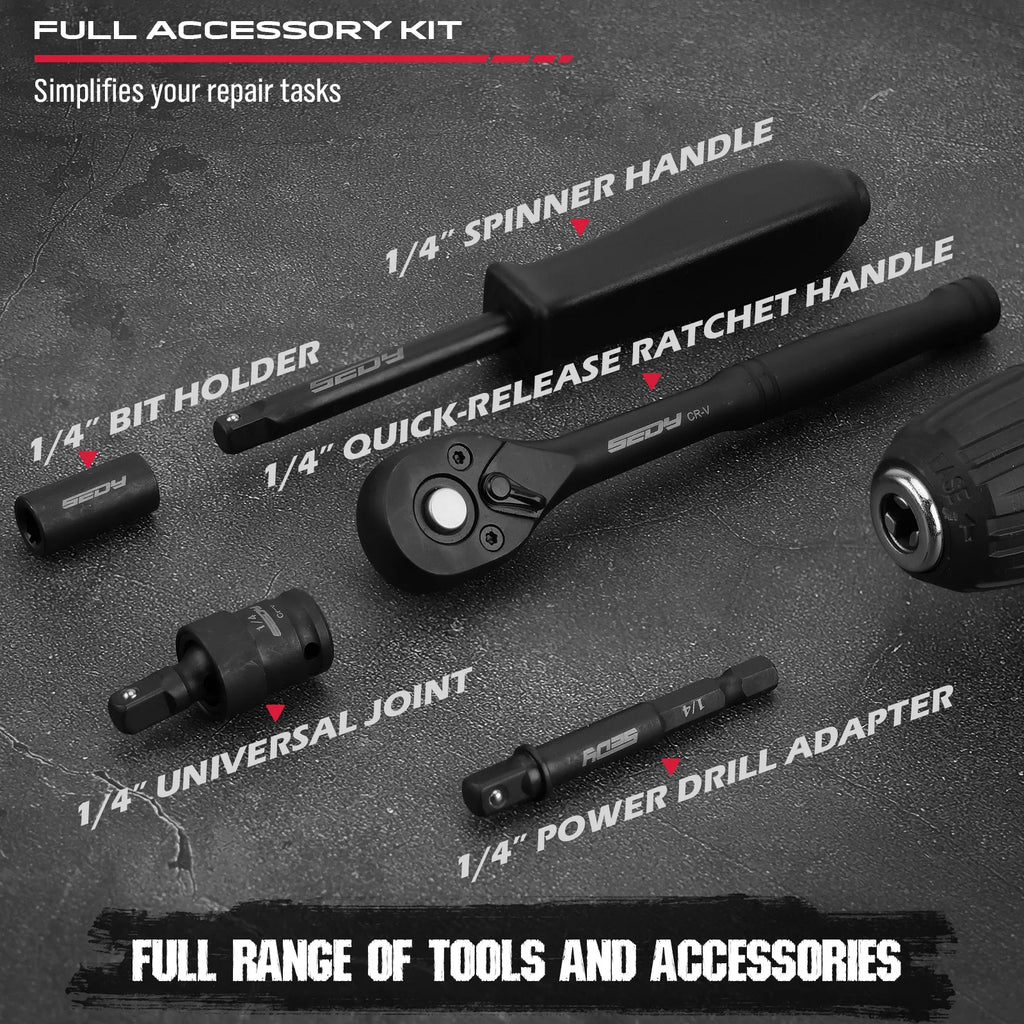 SEDY 64-Piece 1/4" Drive Impact Socket Wrench Driver-Bits Set Cr-V Metric&SAE Deep and Shallow Socket Set S2 Power Bits