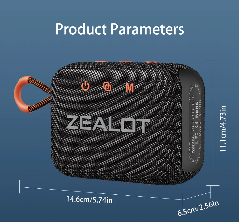 ZEALOT S75 10W Wireless Speakers, Outdoor Portable Subwoofer Speaker Waterproof IPX 6, Wireless Speaker, Dual Pairing,3000mAh.