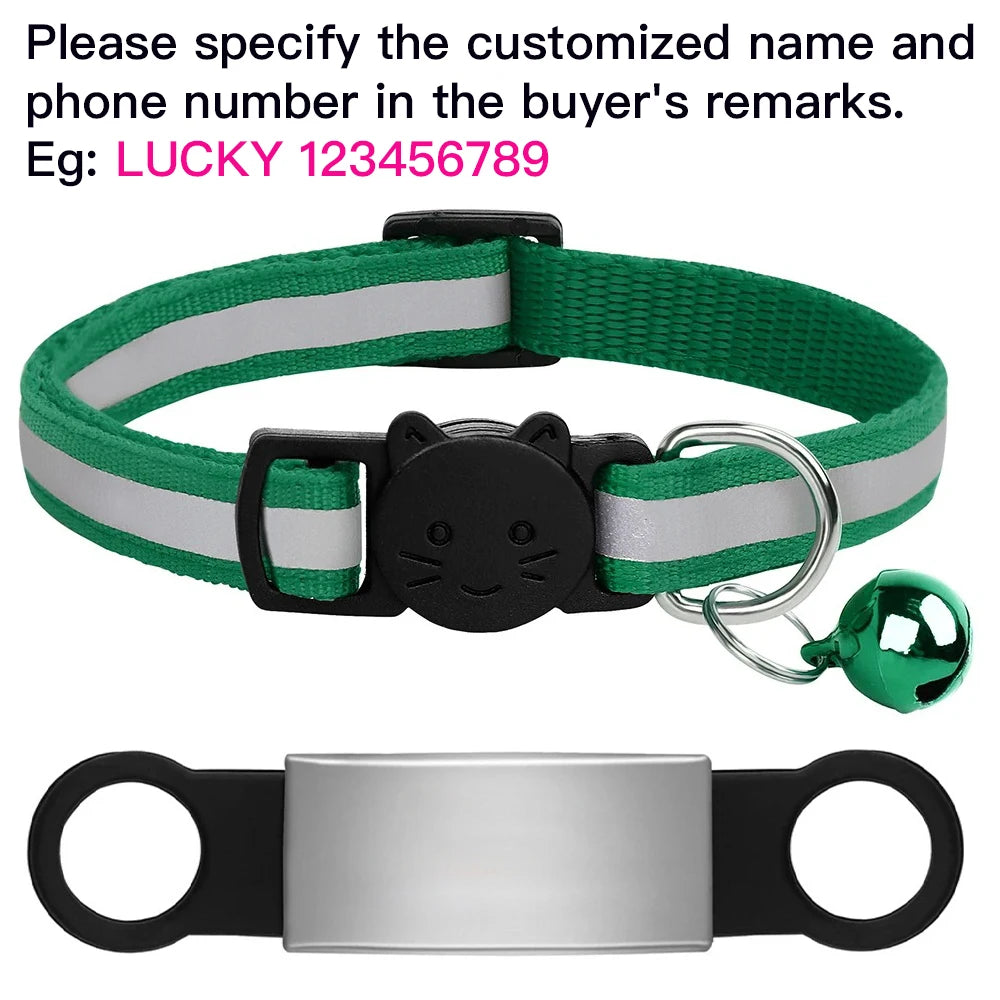 Green reflective cat collar with customized ID nameplate, bell, and safety buckle for lost-proof pet identification.