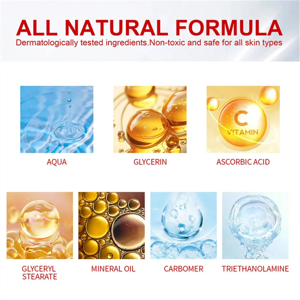 Graphic showing eight icons of skincare ingredients like water, oil, and vitamin C, labeled as an all-natural formula.