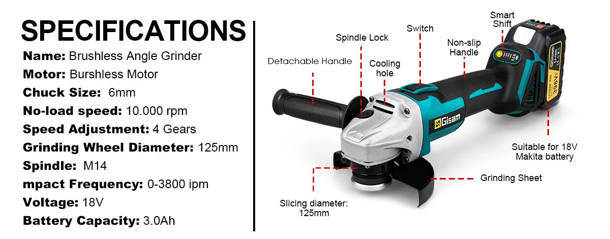 Gisam Brushless Power Tools Sets Electric Impact Wrench Electirc Drill Angle Grinder Electric Hammer For Makita 18v Battery Pins
